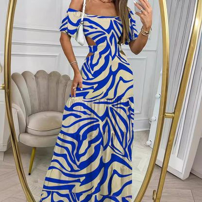 Printed One-Line Collar Short-Sleeved Long Dress with Hollow Waist Design Summer Vacation Dresses for Women Clothing